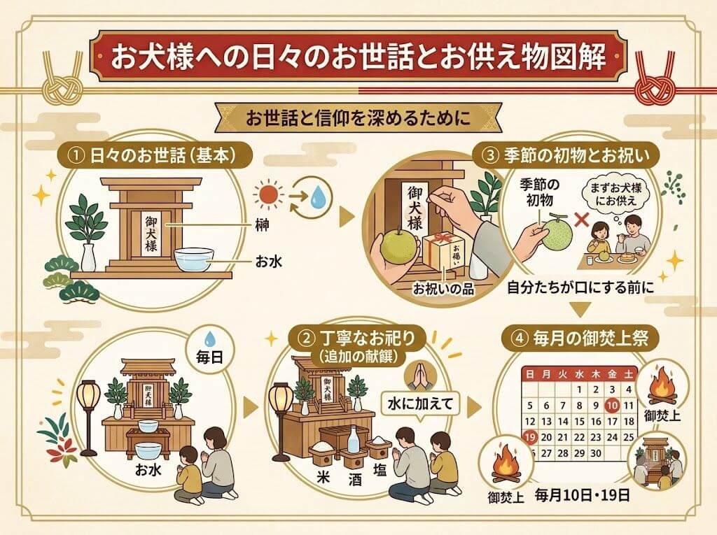 より具体的な日々のお世話と、月例の御焚上祭(おたきあげさい)、そして特別な品物の献饌に関する図解