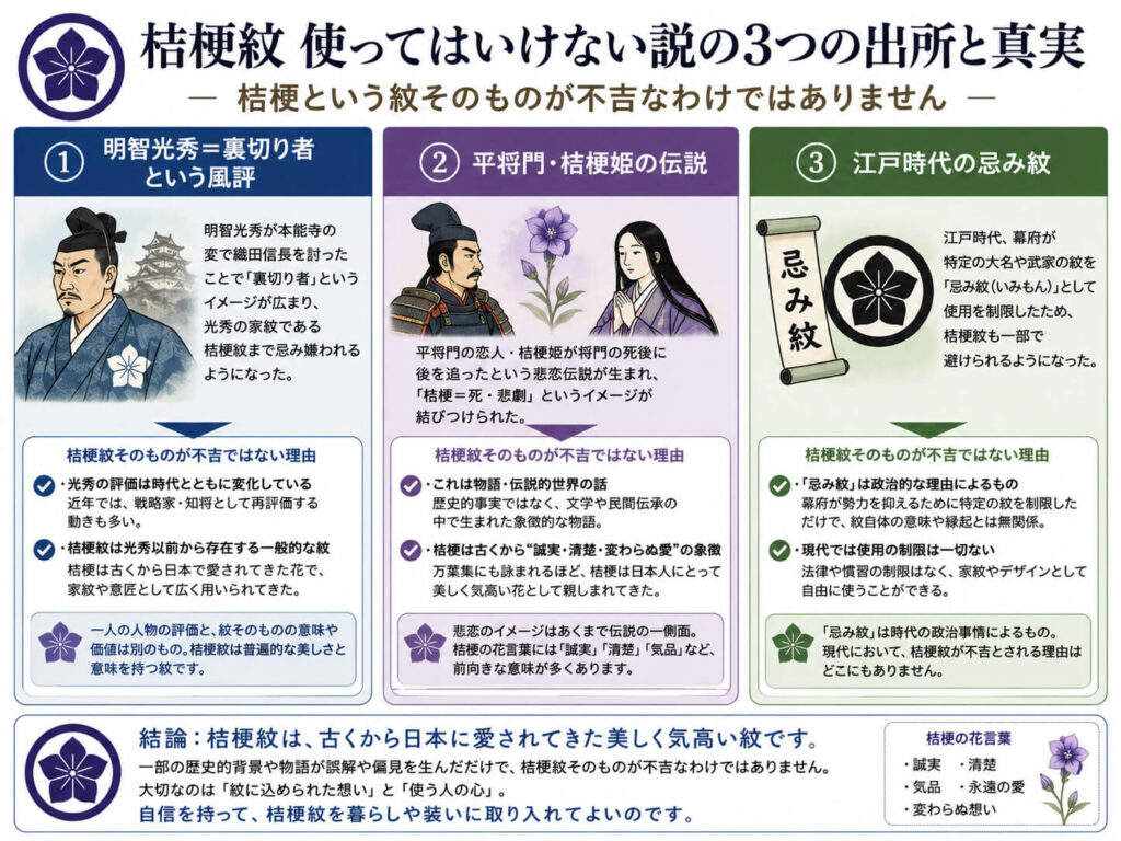 桔梗紋 使ってはいけない説の3つの出所
①明智光秀＝裏切り者という風評、②平将門・桔梗姫の伝説、③江戸時代の忌み紋。この3つを並べて、それぞれ「桔梗という紋そのものが不吉なわけではない」理由を添えた整理図