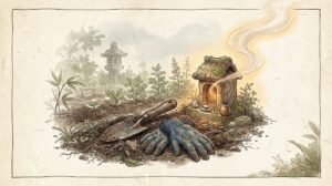 土公神を祀った小さな祠と、土いじりの道具を描いた図鑑風イラスト