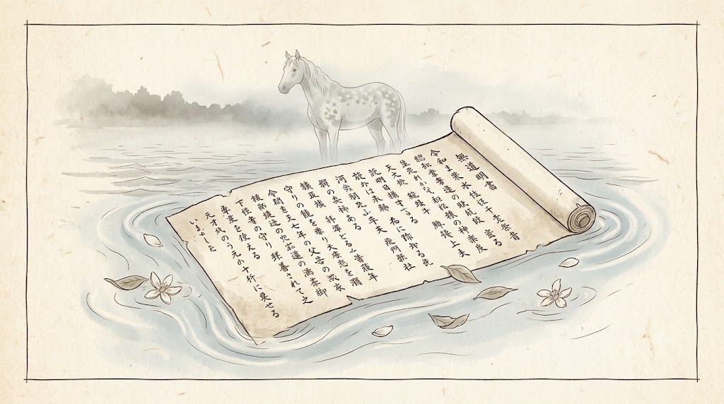 天津祝詞の巻物が禊の水面に浮かぶ、和紙と墨絵で描かれた縁ノ研のイラスト