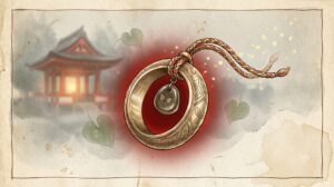 下鴨神社の相の環守をイメージした、二葉葵の意匠が揺れる指輪のお守りのイラスト