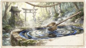 丹生川上神社の御手洗と波紋を描いた、パワースポット水属性のイメージイラスト