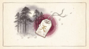 七本の松の伝承を背景に、金糸で「天」の字が刺繍された大阪天満宮のお守り「天御守」を描いた図鑑風イラスト