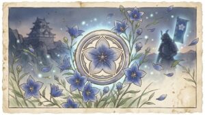 丸に桔梗の家紋と桔梗の花、戦国武将の甲冑の影を背景にした図鑑風イラスト