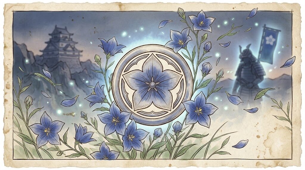 丸に桔梗の家紋と桔梗の花、戦国武将の甲冑の影を背景にした図鑑風イラスト