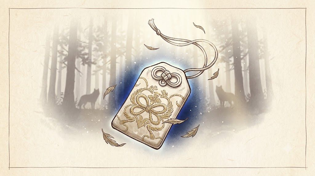 三峯神社の氣守と杉木立・お犬様のシルエットを描いた和紙と墨絵の縁ノ研のイラスト
