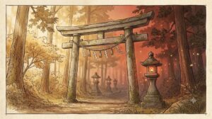 神社の鳥居が朝の光と夕暮れの逢魔が時に分かれ、石灯籠に灯がともる瞬間を描いたイラスト。神社の参拝時間を象徴する情景。