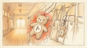 部活のお守り手作りキャラクター｜部の色でクマの顔をフェルトマスコットに仕立てて刺しゅうする様子