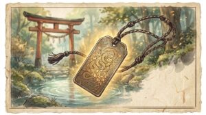 金蛇水神社の金運お守り（金属カード守）と鳥居・湧き水の情景イラスト