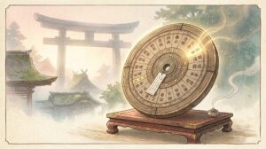 あなたの守護神 診断の記事アイキャッチ画像。二十四節気の暦の車輪盤に、光る紙片が差された様子のイラスト