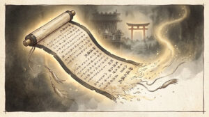 延喜式の巻物から天津祝詞の文字が金色の光となって立ち上る、唱えてはいけないという噂を確かめる図鑑風イラスト