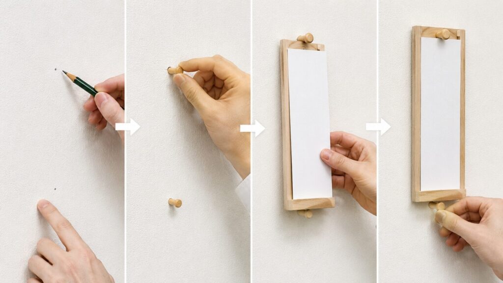 ①壁に鉛筆で上下2箇所の印をつける ②上側のピンを刺す ③お札を差し込む ④下側のピンを刺して固定する、の4ステップを横並びで示す。